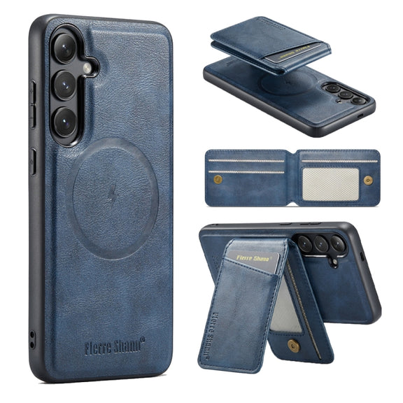 For Samsung Galaxy S24+ 5G Fierre Shann Cowhide Vertical Flip Magnetic Card Holder Phone Case(Blue)