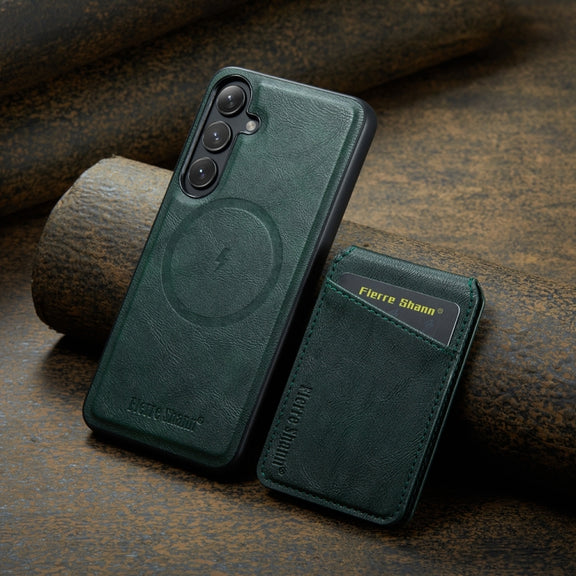 For Samsung Galaxy S24+ 5G Fierre Shann Cowhide Vertical Flip Magnetic Card Holder Phone Case(Green)