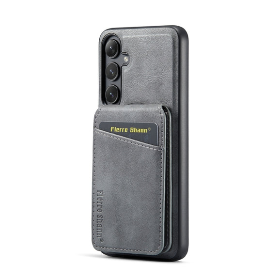 For Samsung Galaxy S24+ 5G Fierre Shann Cowhide Vertical Flip Magnetic Card Holder Phone Case(Grey)