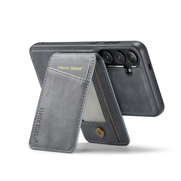 For Samsung Galaxy S24+ 5G Fierre Shann Cowhide Vertical Flip Magnetic Card Holder Phone Case(Grey)