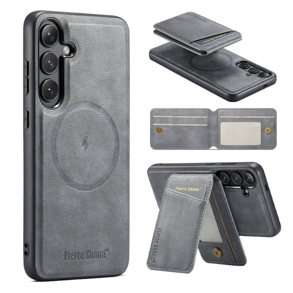 For Samsung Galaxy S24+ 5G Fierre Shann Cowhide Vertical Flip Magnetic Card Holder Phone Case(Grey)
