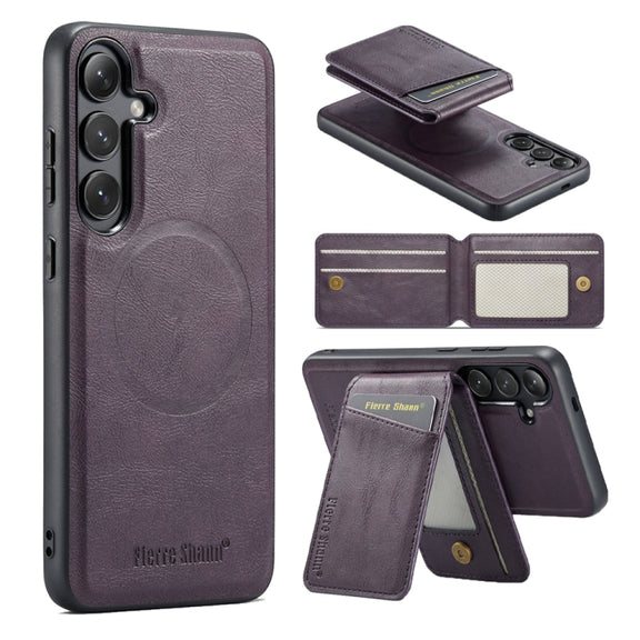 For Samsung Galaxy S24+ 5G Fierre Shann Cowhide Vertical Flip Magnetic Card Holder Phone Case(Purple)