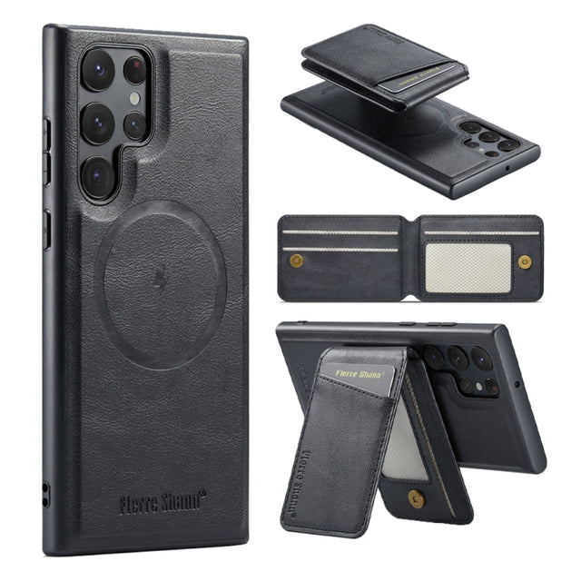 For Samsung Galaxy S24 Ultra 5G Fierre Shann Cowhide Vertical Flip Magnetic Card Holder Phone Case(Black)