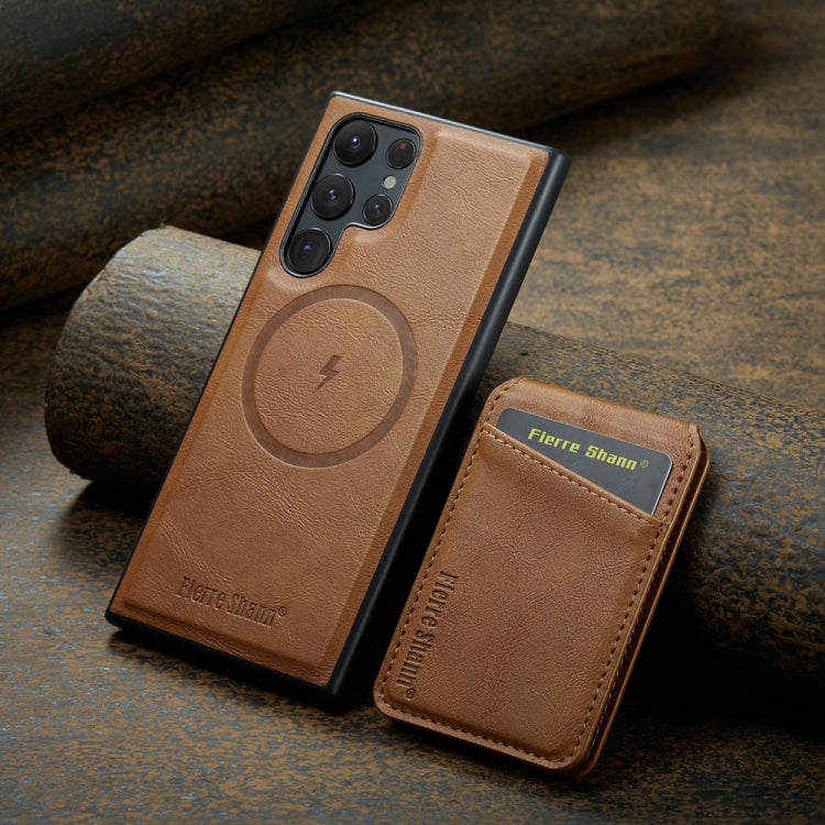 For Samsung Galaxy S24 Ultra 5G Fierre Shann Cowhide Vertical Flip Magnetic Card Holder Phone Case(Brown)