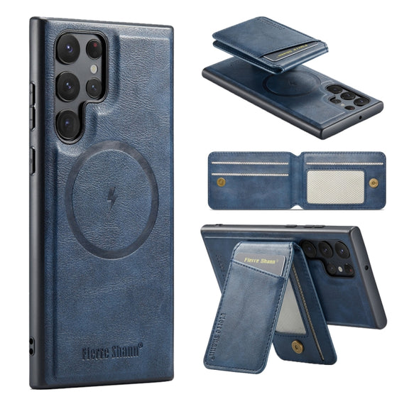 For Samsung Galaxy S24 Ultra 5G Fierre Shann Cowhide Vertical Flip Magnetic Card Holder Phone Case(Blue)