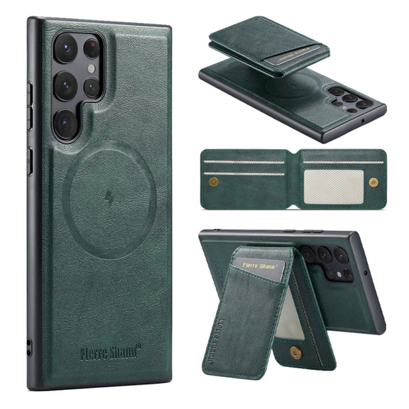 For Samsung Galaxy S24 Ultra 5G Fierre Shann Cowhide Vertical Flip Magnetic Card Holder Phone Case(Green)