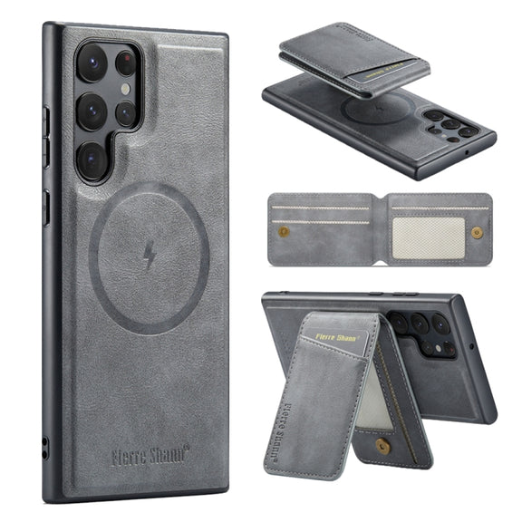 For Samsung Galaxy S24 Ultra 5G Fierre Shann Cowhide Vertical Flip Magnetic Card Holder Phone Case(Grey)