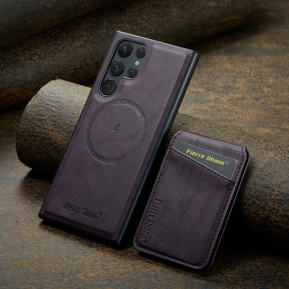 For Samsung Galaxy S24 Ultra 5G Fierre Shann Cowhide Vertical Flip Magnetic Card Holder Phone Case(Purple)
