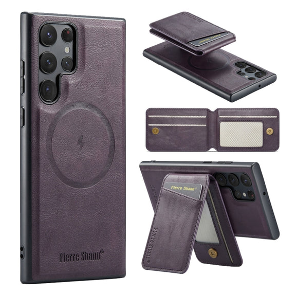 For Samsung Galaxy S24 Ultra 5G Fierre Shann Cowhide Vertical Flip Magnetic Card Holder Phone Case(Purple)