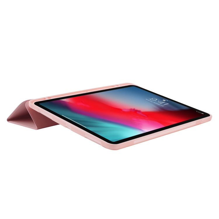For iPad Air 13 2025 / 2024 Skin Feel Tri-fold Leather Tablet Case with Pen Slot(Pink)