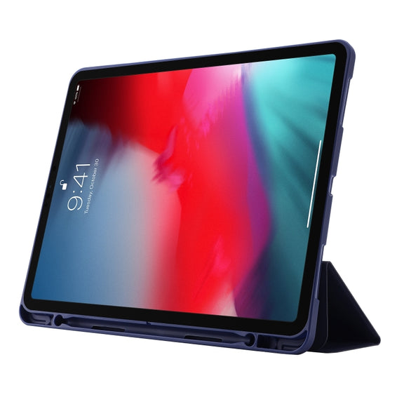 For iPad Air 13 2025 / 2024 Skin Feel Tri-fold Leather Tablet Case with Pen Slot(Dark Blue)