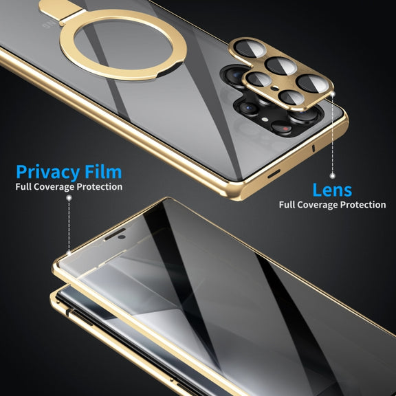For Samsung Galaxy S24 Ultra 5G MagSafe Magnetic Privacy Frosted Tempered Glass Holder Phone Case(Gold)