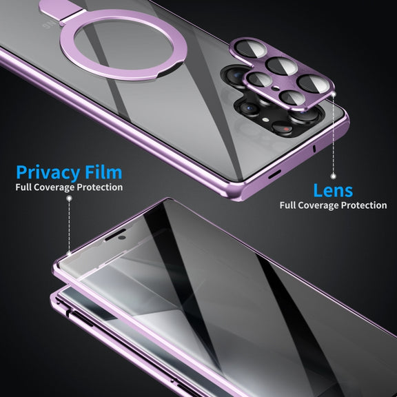 For Samsung Galaxy S24 Ultra 5G MagSafe Magnetic Privacy Frosted Tempered Glass Holder Phone Case(Purple)