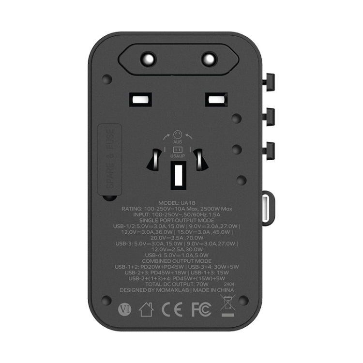 MOMAX 1-World+ 70W Gallium Nitride Expansion Cable Global Conversion Socket Power Adapter(Black) - free shipping - PMC TechLife - Order now!