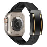 For Apple Watch Ultra 49mm Trapezoid Fold Magnetic Buckle Silicone PU Watch Band(Black Gold)