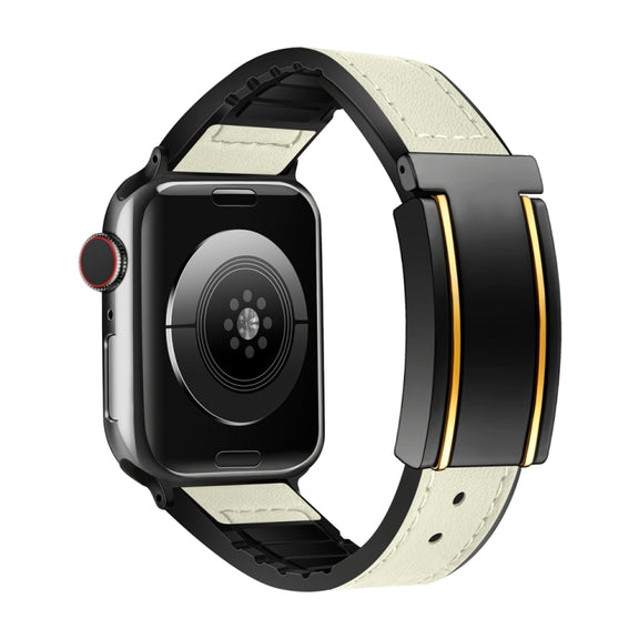 For Apple Watch SE 40mm Trapezoid Fold Magnetic Buckle Silicone PU Watch Band(Beige Gold)