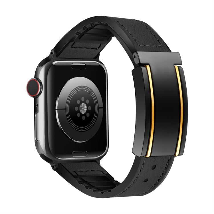 For Apple Watch Series 5 44mm Trapezoid Fold Magnetic Buckle Silicone PU Watch Band(Black Gold) - free shipping - PMC TechLife - Order now!