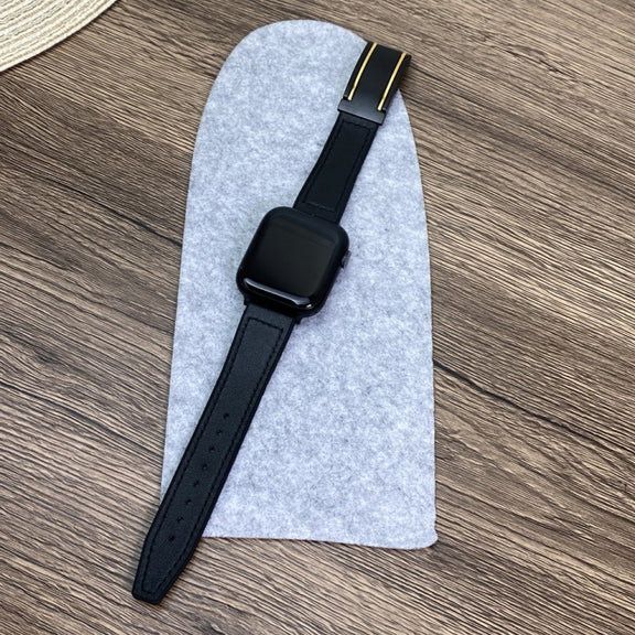 For Apple Watch Series 10 42mm Trapezoid Fold Magnetic Buckle Silicone PU Watch Band(Black Gold)