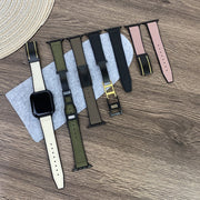 For Apple Watch Series 6 40mm Trapezoid Fold Magnetic Buckle Silicone PU Watch Band(Beige Gold)