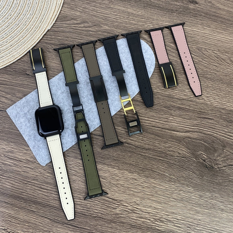For Apple Watch Series 3 42mm Trapezoid Fold Magnetic Buckle Silicone PU Watch Band(Beige Gold) - free shipping - PMC TechLife - Order now!