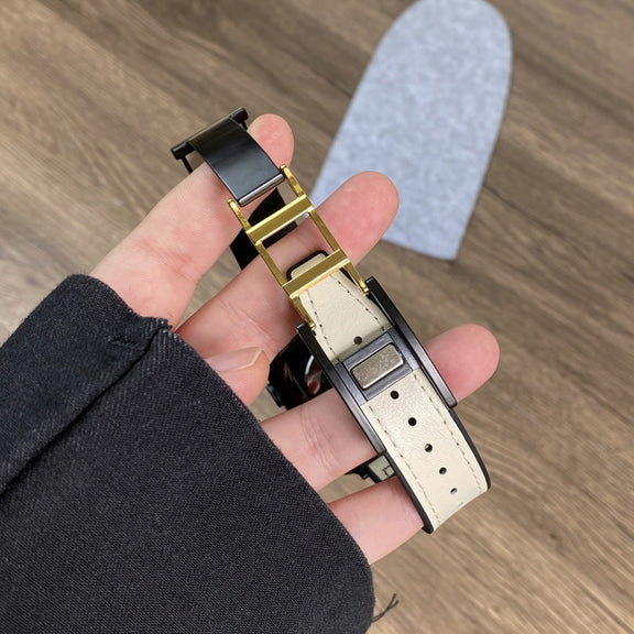 For Apple Watch SE 2022 40mm Trapezoid Fold Magnetic Buckle Silicone PU Watch Band(Black Gold)