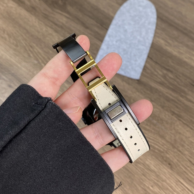 For Apple Watch SE 2023 44mm Trapezoid Fold Magnetic Buckle Silicone PU Watch Band(Beige Gold)