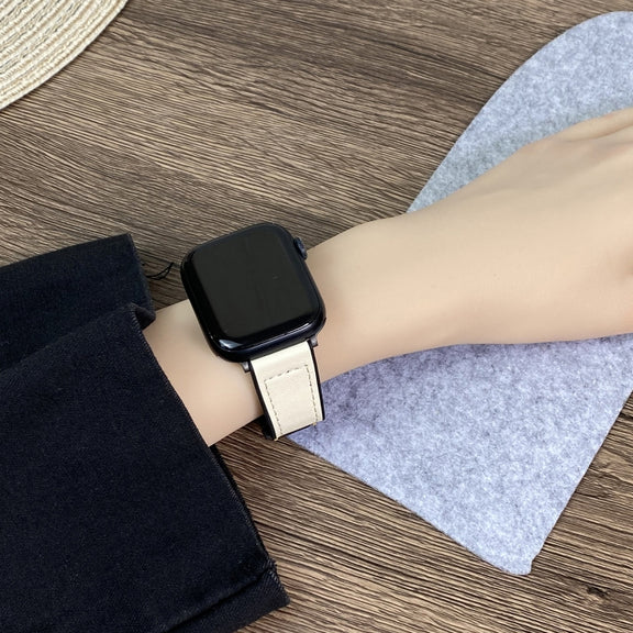 For Apple Watch Series 3 42mm Trapezoid Fold Magnetic Buckle Silicone PU Watch Band(Beige Gold)