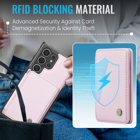 For Samsung Galaxy S24 Ultra 5G JEEHOOD J05 Business Magnetic Style RFID Leather Phone Case(Pink)