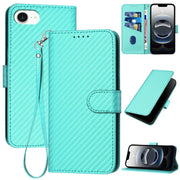 For iPhone 16e YX0070 Carbon Fiber Buckle Leather Phone Case with Lanyard(Light Blue)