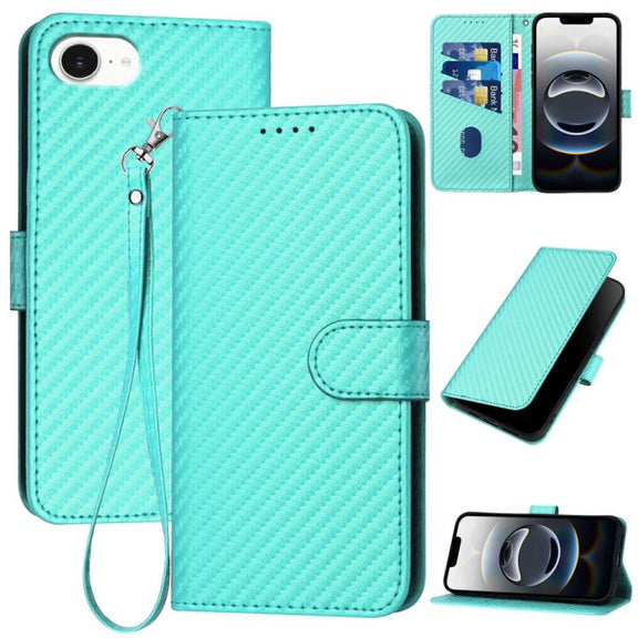 For iPhone 16e YX0070 Carbon Fiber Buckle Leather Phone Case with Lanyard(Light Blue)