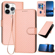 For iPhone 16 Pro YX0070 Carbon Fiber Buckle Leather Phone Case with Lanyard(Pink)