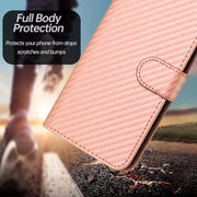 For iPhone 16 Pro YX0070 Carbon Fiber Buckle Leather Phone Case with Lanyard(Pink)