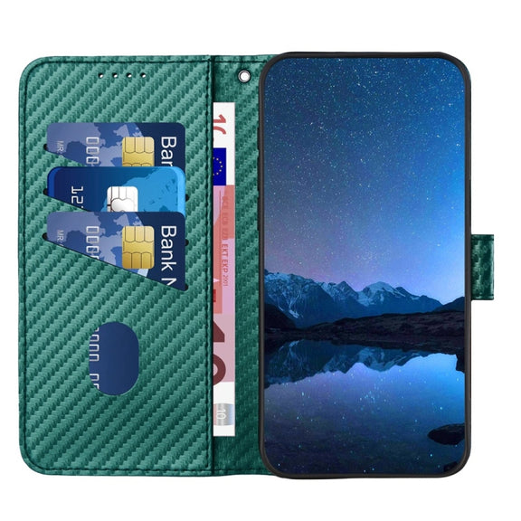 For iPhone 16 Plus YX0070 Carbon Fiber Buckle Leather Phone Case with Lanyard(Dark Green)
