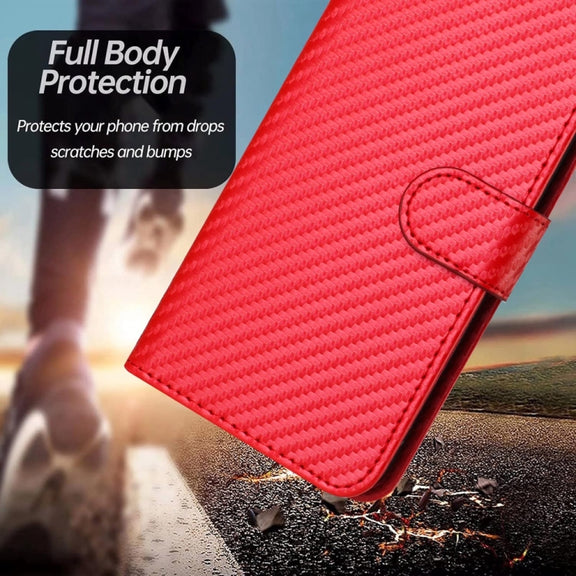 For iPhone 16 YX0070 Carbon Fiber Buckle Leather Phone Case with Lanyard(Red)
