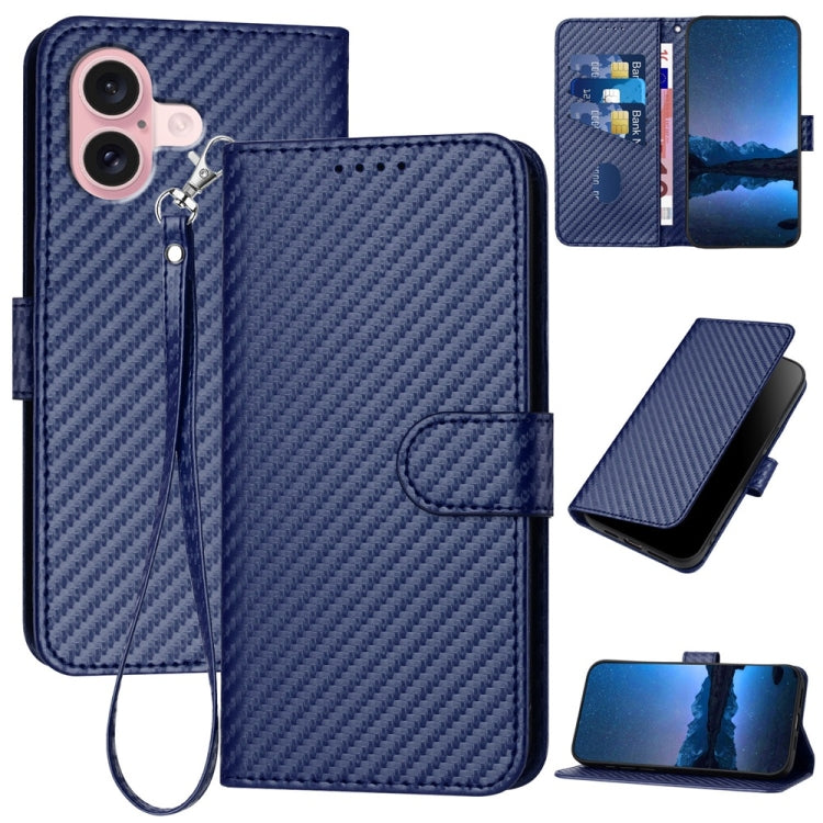 For iPhone 16 YX0070 Carbon Fiber Buckle Leather Phone Case with Lanyard(Royal Blue) - iPhone 16 Cases by PMC TechLife | Online Shopping South Africa | PMC TechLife | Buy Now Pay Later Mobicred