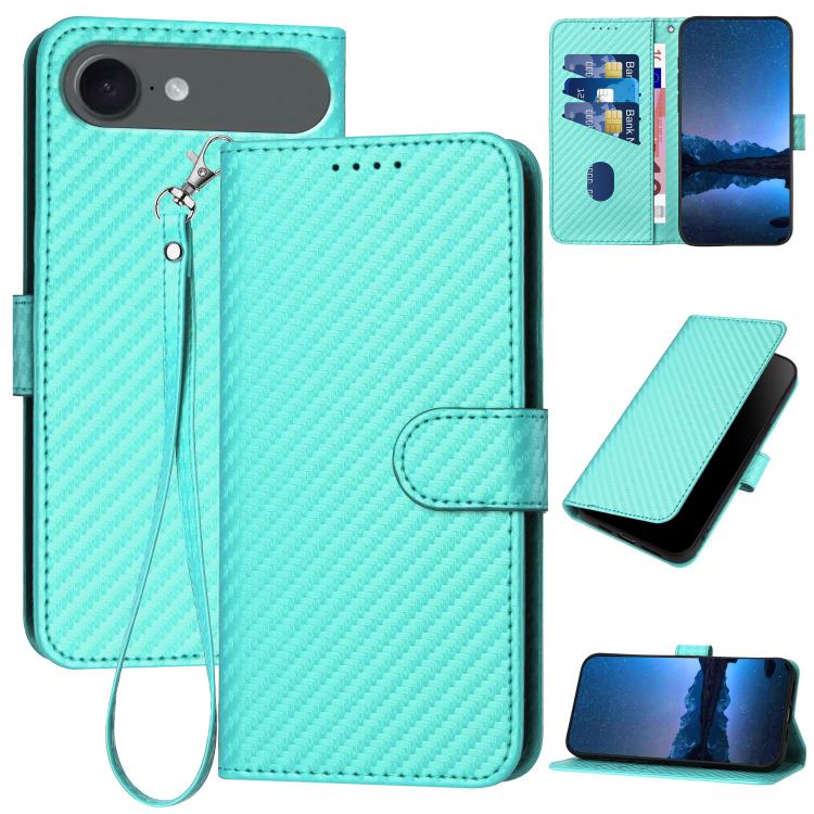 For iPhone 17 Air YX0070 Carbon Fiber Buckle Leather Phone Case with Lanyard(Light Blue) - free shipping - PMc TechLife - Order now!