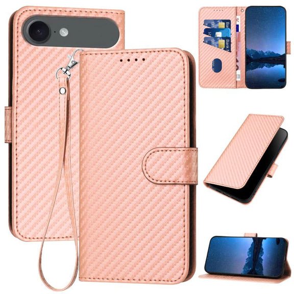 For iPhone 17 Air YX0070 Carbon Fiber Buckle Leather Phone Case with Lanyard(Pink)