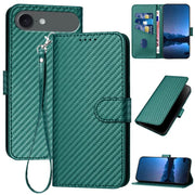 For iPhone 17 Air YX0070 Carbon Fiber Buckle Leather Phone Case with Lanyard(Dark Green)