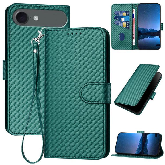 For iPhone 17 Air YX0070 Carbon Fiber Buckle Leather Phone Case with Lanyard(Dark Green)
