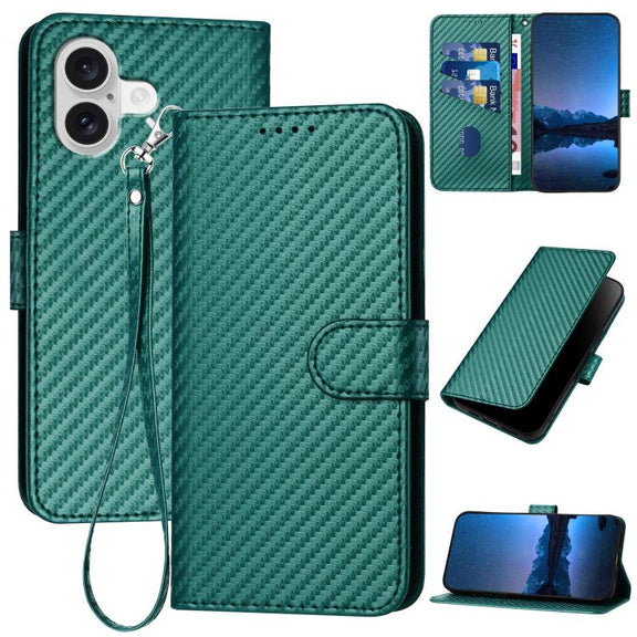 For iPhone 17 YX0070 Carbon Fiber Buckle Leather Phone Case with Lanyard(Dark Green)