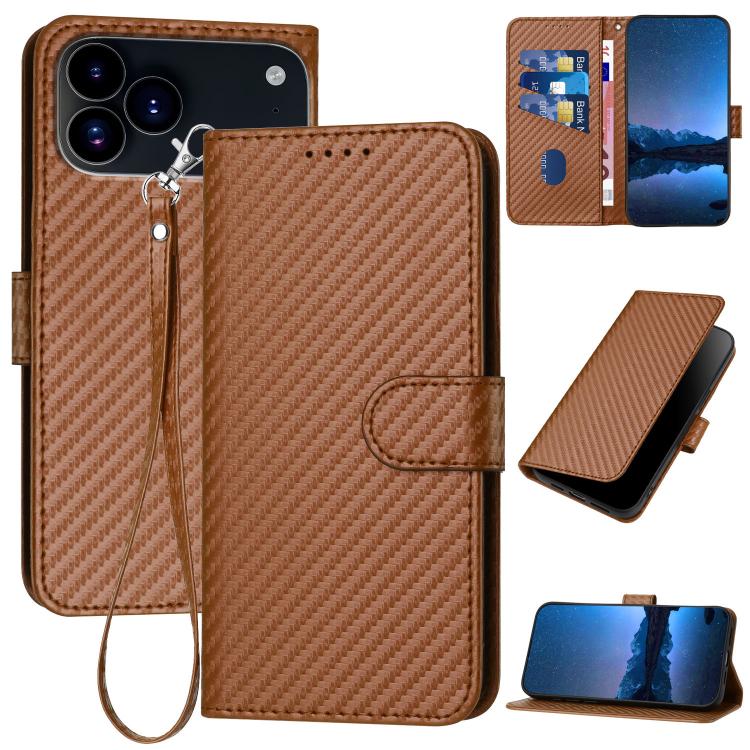 For iPhone 17 Pro Max YX0070 Carbon Fiber Buckle Leather Phone Case with Lanyard(Coffee) - free shipping - PMc TechLife - Order now!
