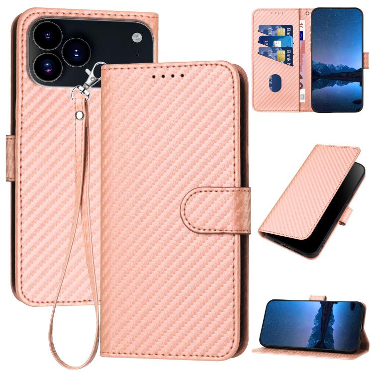 For iPhone 17 Pro Max YX0070 Carbon Fiber Buckle Leather Phone Case with Lanyard(Pink) - free shipping - PMc TechLife - Order now!