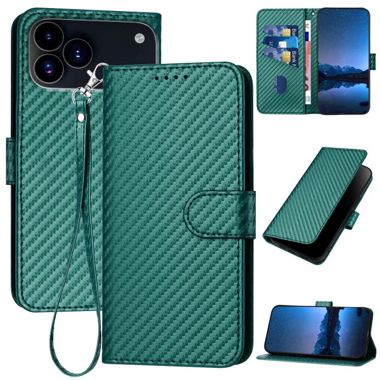 For iPhone 17 Pro YX0070 Carbon Fiber Buckle Leather Phone Case with Lanyard(Dark Green) - free shipping - PMc TechLife - Order now!