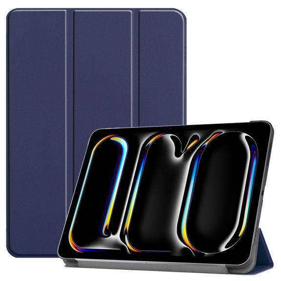 For iPad Pro 13 2024 Custer Pure Color 3-Fold Holder Smart Leather Tablet Case(Dark Blue)