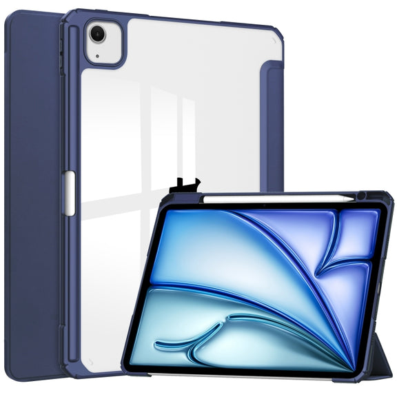 For iPad Air 13 2025 / 2024 Pure Color 3-fold Clear TPU Smart Leather Tablet Case(Dark Blue)