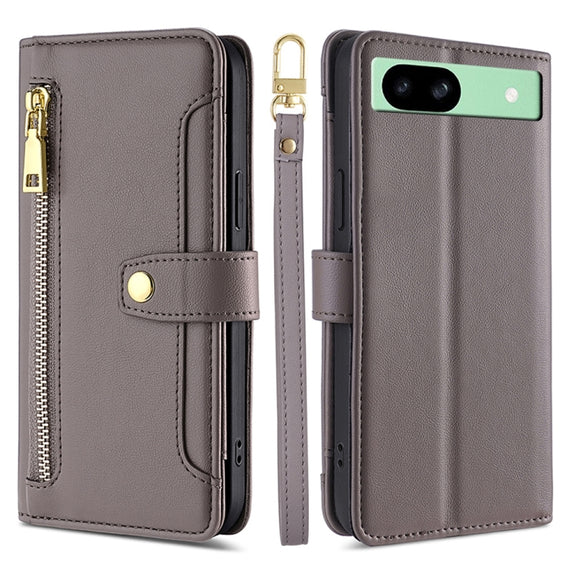For Google Pixel 8a Sheep Texture Cross-body Zipper Wallet Leather Phone Case(Grey)