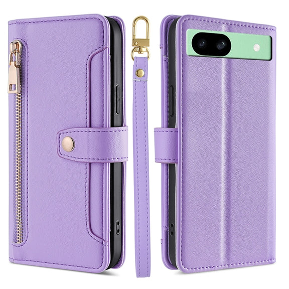 For Google Pixel 8a Sheep Texture Cross-body Zipper Wallet Leather Phone Case(Purple)