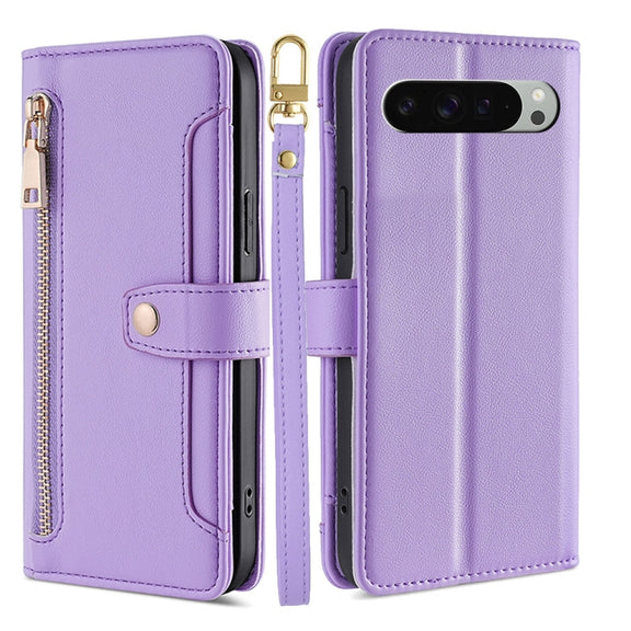 For Google Pixel 9 Pro XL Sheep Texture Cross-body Zipper Wallet Leather Phone Case(Purple)