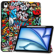 For iPad Air 13 2024 Custer Painted 3-Fold Holder Smart Leather Tablet Case with Pen Tray(Graffiti)
