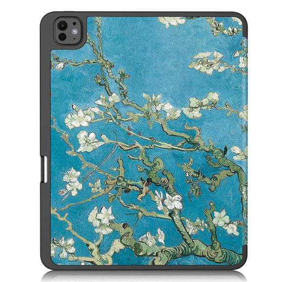 For iPad Pro 13 2024 Custer Painted 3-Fold Holder Smart Leather Tablet Case with Pen Tray(Apricot Flower)